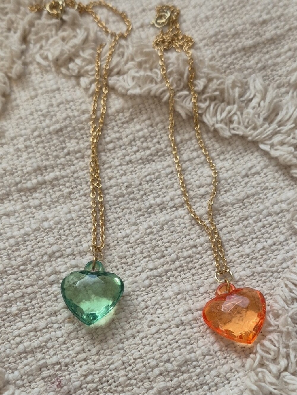 Set Of 2 Gold-Tone Chain Choker Necklace with Green and Orange Heart Pendants